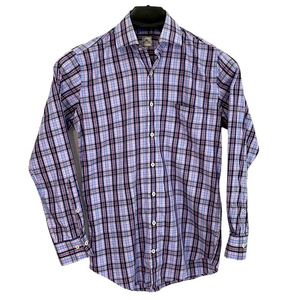 Peter Millar men's Small long sleeve blue,‎ white & pink plaid shirt. EUC